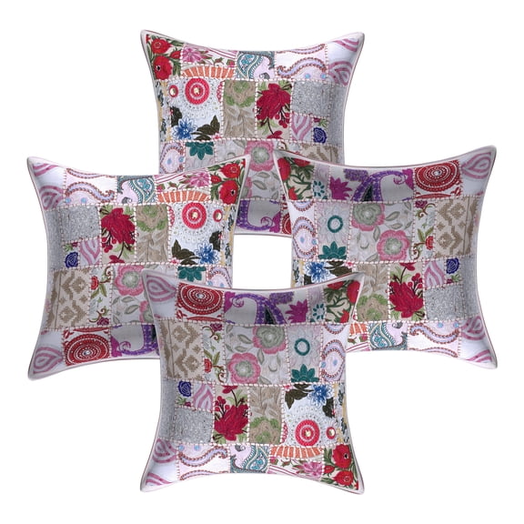 Stylo Culture Indian Cotton Living Room Throw Pillow Sham Covers White 18x18 Bohemian Vintage Patchwork Indian Couch Cushion Covers 45 x 45 cm Decorative Abstract Square Pillowcases | Set Of 4
