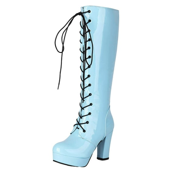 Chenyee Women's Platform Knee High Boots Lace up High Heel Side Zipper Metallic Booties