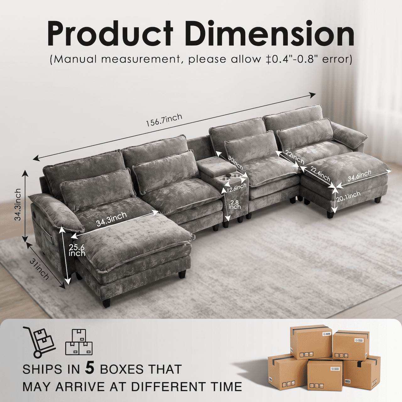 157" Convertible Cloud Sectional Sofa, Modern Chenille L Shaped Couch with Reversible Chaise, Deep Seat 6 Seat Sectional Sofa with Pillows, Comfy Upholstered Couch for Living Room Apartment (Grey)