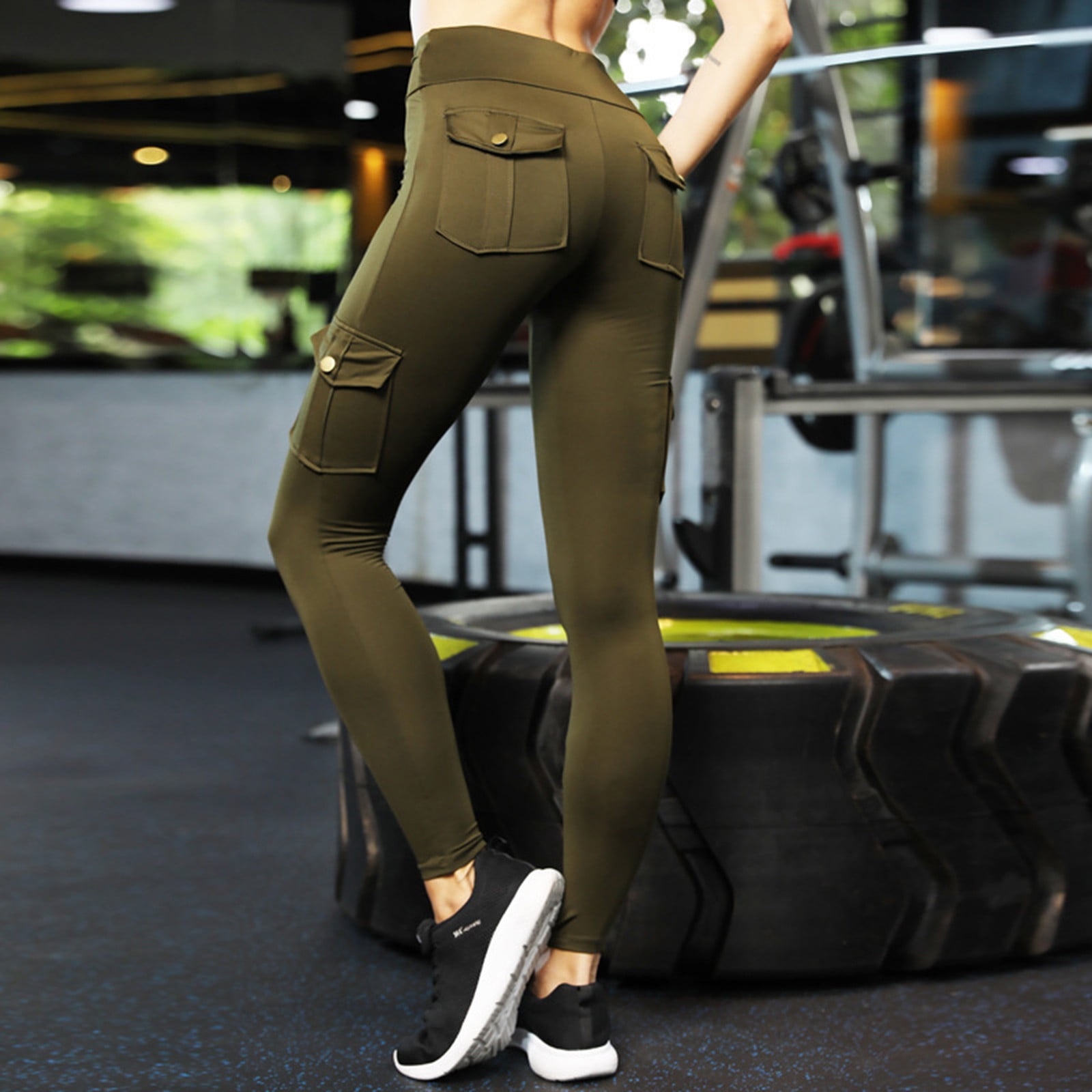 Blvb Women s Cargo Yoga Leggings With 4 Pockets High Waisted Tummy Control Stretch Workout Running Fitness Pants Gym Tights Green