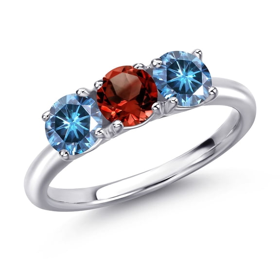 Gem Stone King 925 Sterling Silver Red Garnet and Persian Blue Moissanite Engagement Ring for Women | 1.55 Cttw | Round 5MM | Gemstone January Birthstone | Size 6