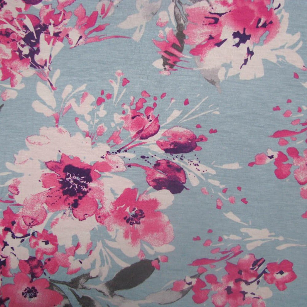 FREE SHIPPING!!! 'Eggshell Blue Pink Flowers Printed on Rayon Spandex Jersey Knit Fabric, DIY Projects by the Yard - PRINT FABRIC