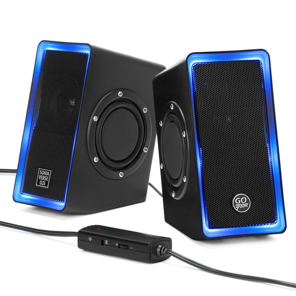 GOgroove SonaVERSE O2i Speakers for PC with AUX Input, Volume Dial, Stereo Audio (Black with LEDs)