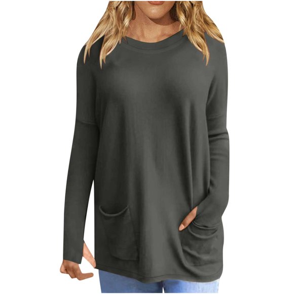 AherBiu Plus Size T Shirts for Women Long Sleeve Tops Casual Loose Basic Comfy Tees with Pockets