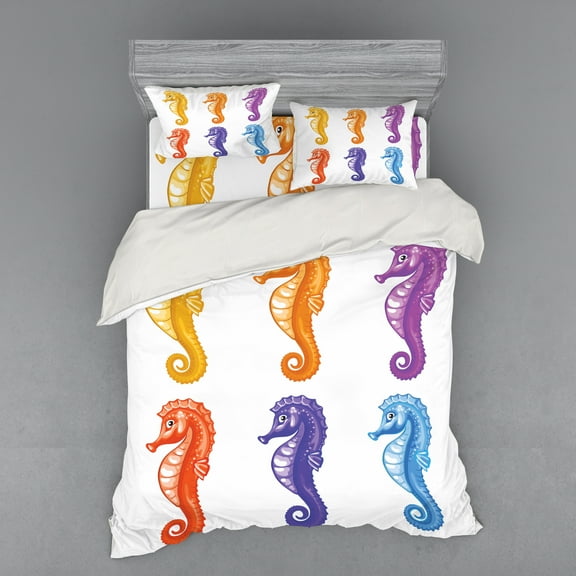Ambesonne Animal Bedding Set 4 Pcs, Happy Seahorses Art, Queen, Multicolor