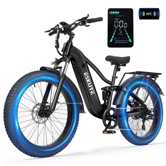 ESKUTE C300 Electric Bike for Adults, 750W Peak Motor, 20MPH Fast Ebike, 48V 20.8Ah Battery Up to 80 Miles, 26"x4.0" Fat Tire, Full Suspension, 8-Speed Black, UL2849