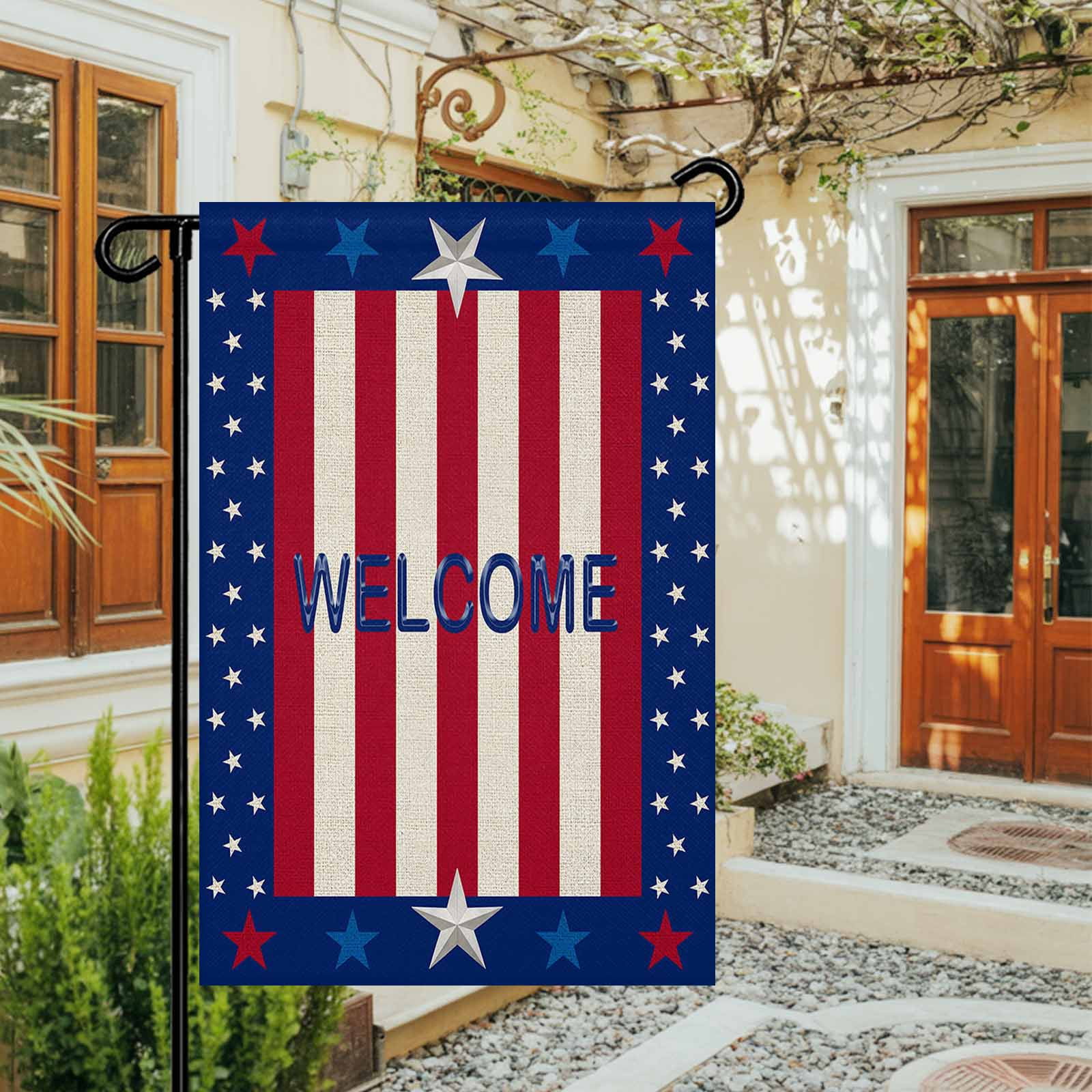 4th of July Garden Flags American Flag Stripes Garden Flag Double Sided Welcome Flag Red Blue White Stars Letters Independence Day Yard Flags for Outdoor Lawn Porch Memorial Day Decor 28x40 Inch