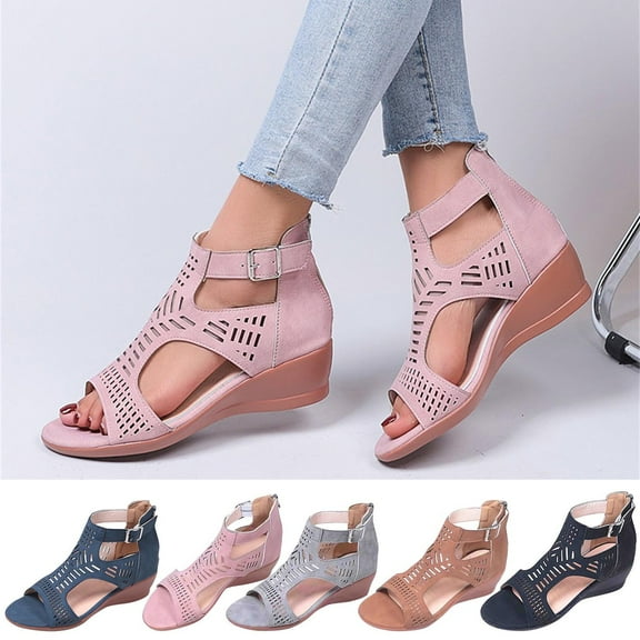 Kmdttou Shoes for Women Sandals Flat Cut-out Casual Slippers Wedge Heel Shoes Buckle Comfortable Sandals With Comfortable Plantar Fasciitis Arch Support(Size:35-43)