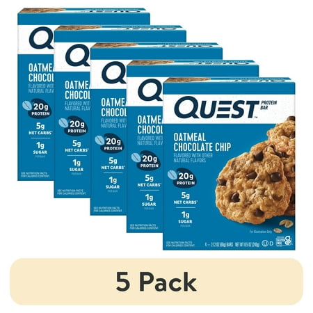(5 pack) Quest Protein Bar, Oatmeal Chocolate Chip, 20g Protein, Gluten Free, 4 Count