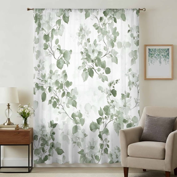 Tropical Foliage Sheer Curtains 84 Inches Long, Sage Green Botanical Spring Summer Light Filering Curtains, Breathable Simi Curtain Privacy Drapes for Living Room Bedroom Lightweight Window Treatment