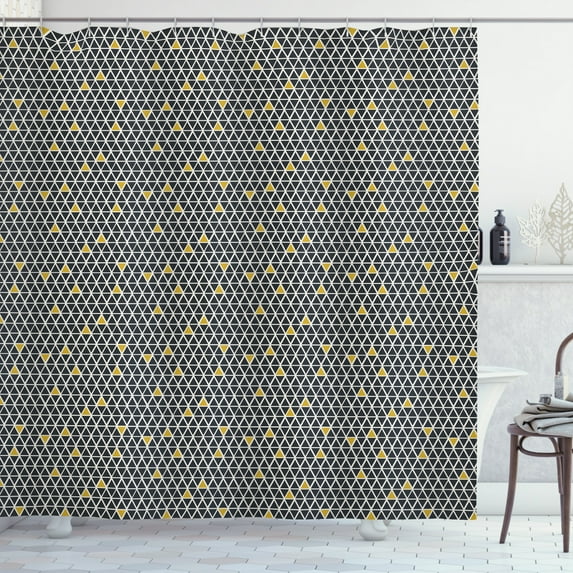 Geometric Shower Curtain, Simplistic Rhombus Background with Diamond and Triangular Shapes, Fabric Bathroom Set with Hooks, 69W X 75L Inches Long, Black White and Yellow, by Ambesonne