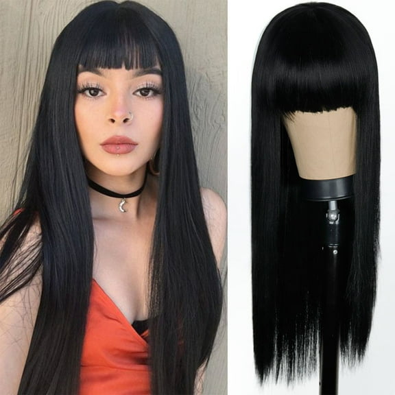 Dengmore Long Straight Wig with Bangs Hair Black Charming Wig for Women Synthetic Natural Wig for Daily Party And Cosplay Premium Soft Wig 25.6 Inch