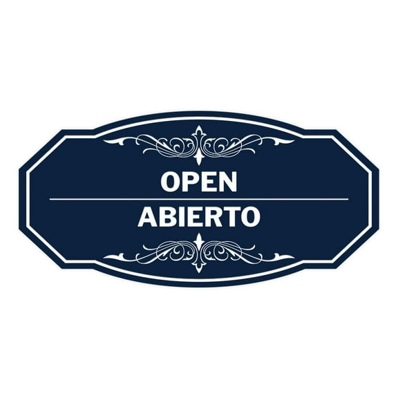 Signs ByLITA Victorian Open/Abierto Bilingual Business Sign (Navy Blue / White) - Large