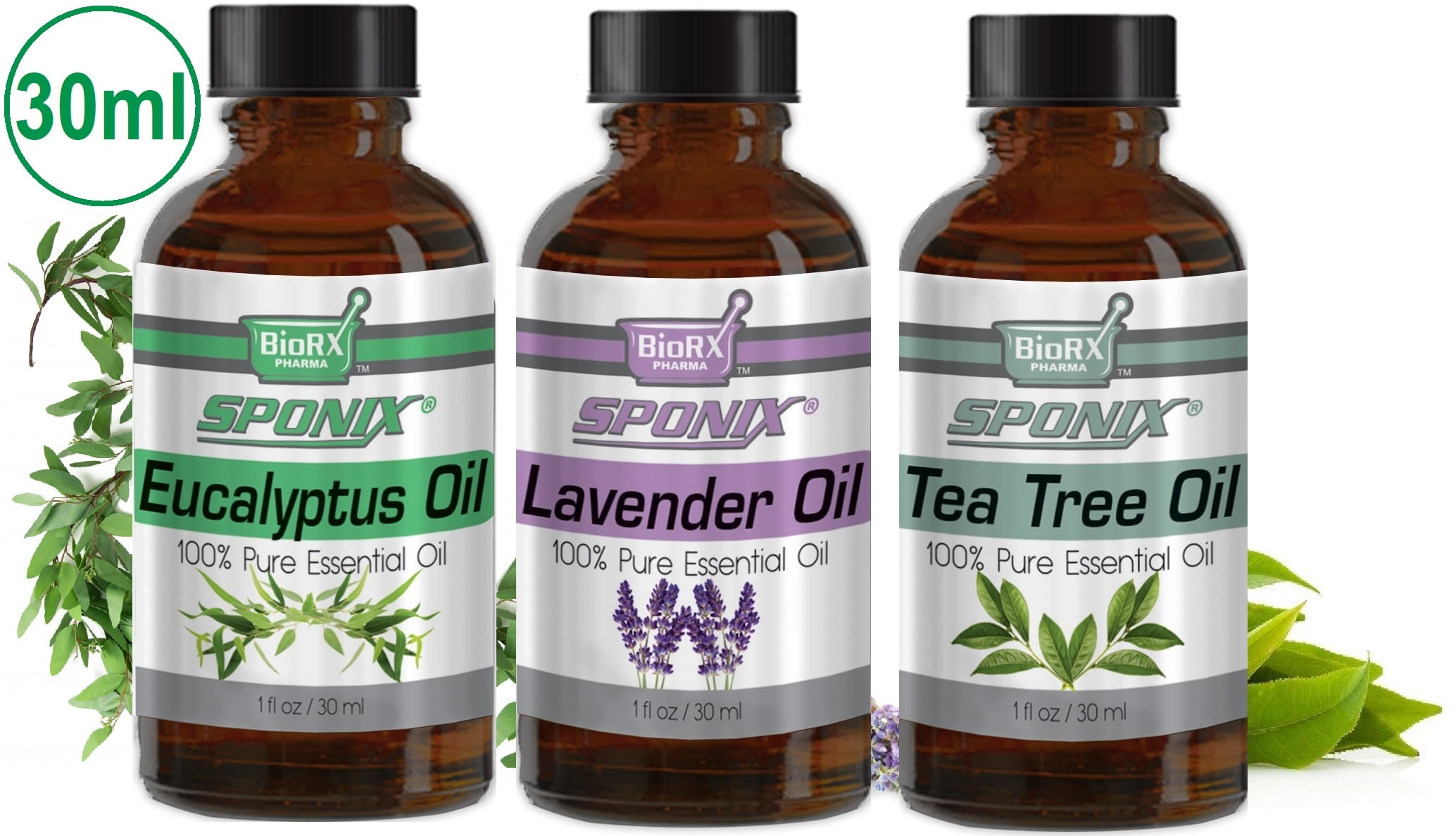 Essential Oil Gift Set of 3 Aromatherapy ( 3 x 30 ml / 1 fl oz ) - Eucalyptus, Lavender and Tea Tree - Made with 100% Pure Therapeutic Grade Essential Oils by Sponix Made in USA