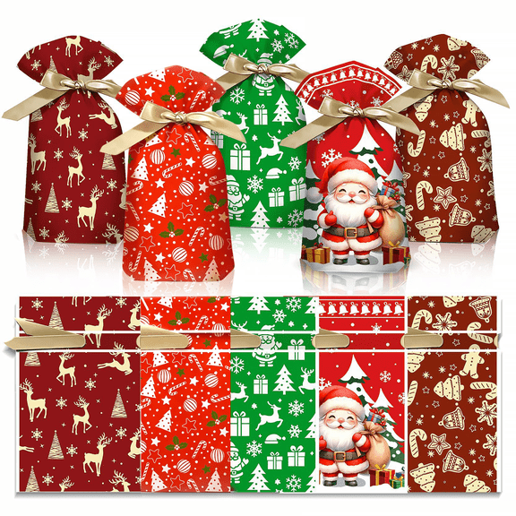 ZRXARU 50 PCS Christmas Treat Bags, Christmas Gift Bags Bulk with Drawstring, Christmas Candy Bags for Cookie Xmas Holiday Christmas Party Favors Supplies