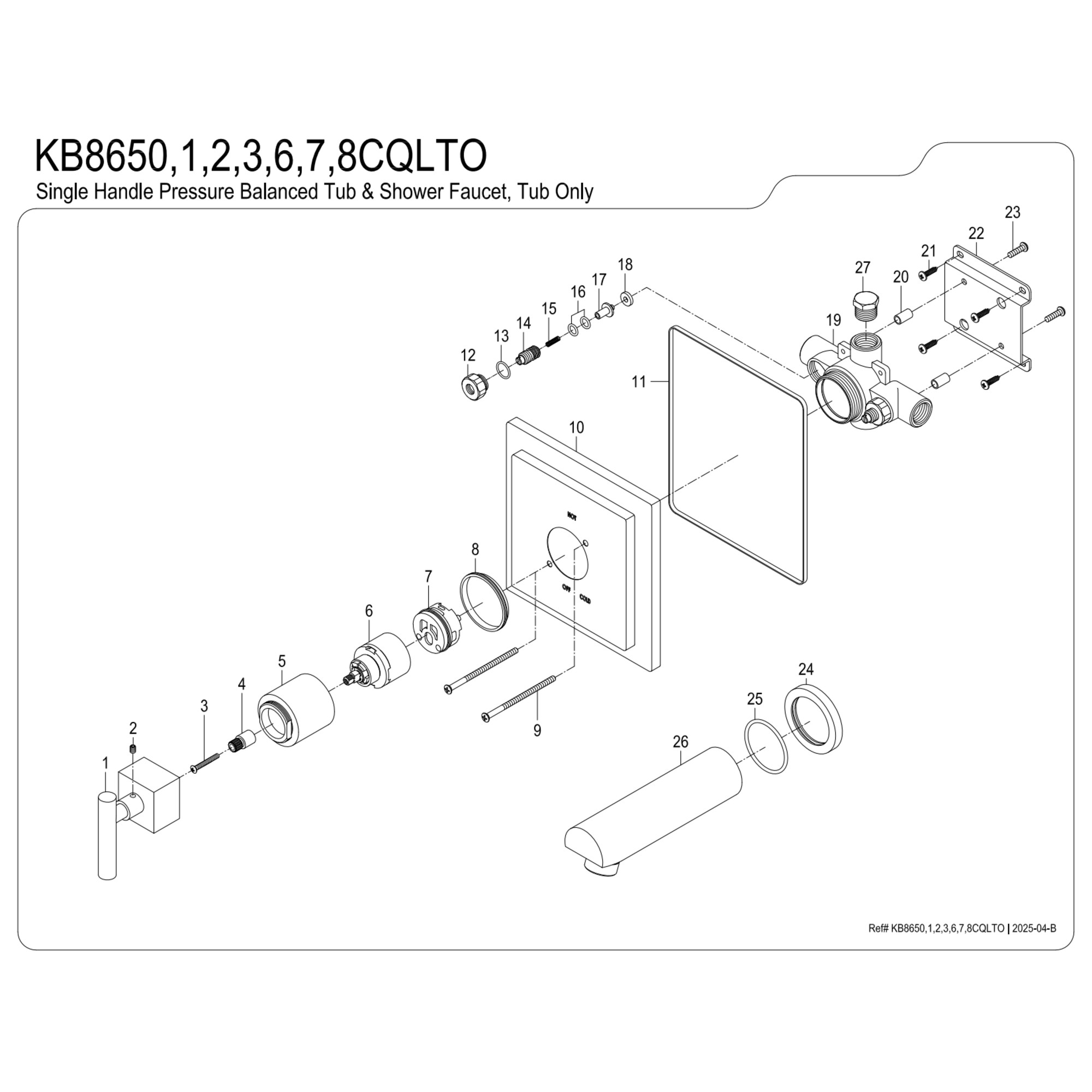 Kingston Brass KB8652CQLTO Claremont Single-Handle Pressure Balanced Tub Faucet, Polished Brass