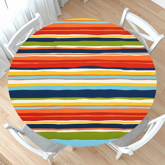 Rainbow Stripe Round Fitted Tablecloth with Elastic Summer Colorful Circle Table Cloth for 40-44" Tables Pride Orange Striped Wipeable Washable Table Cover for Picnic Party Dining Outdoor