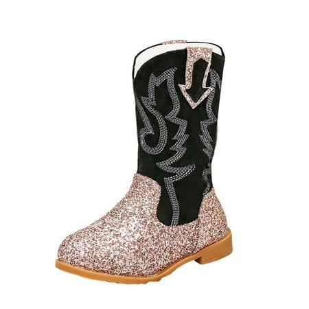 

Sopelem Cowgirls Boots for Unisex-Child Mid Calf Glitter Toddler Round Toe Cowboy Boot Little Big Kids Western Riding Dance Shoes