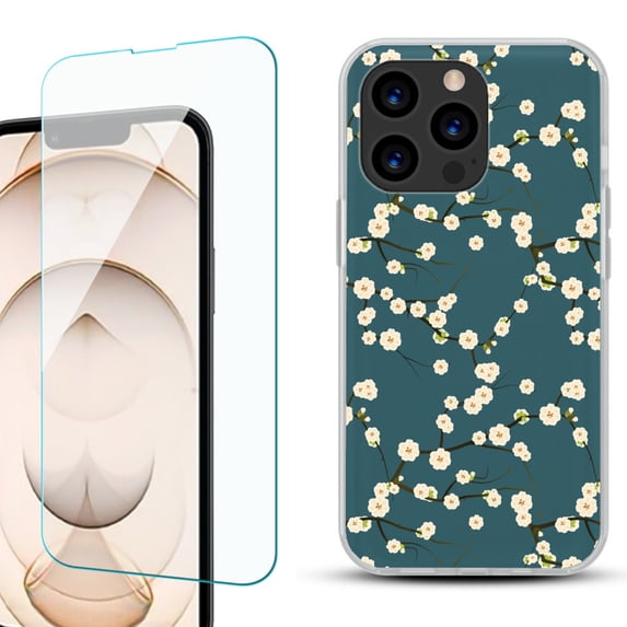 Slim-Fit Anti-Scratch Gel TPU Phone Case for iPhone 13 Pro, with Tempered Glass Screen Protector, by OneToughShield ® - Blossom Green