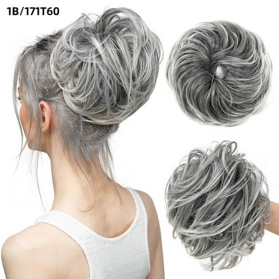 Nvzi-a Tousled Updo Messy Hair Bun,Clip in Hair Chignon with Side Comb Natural Adjustable Versatile Synthetic Hair Scrunchies for Women Girls，Gray and White Tips