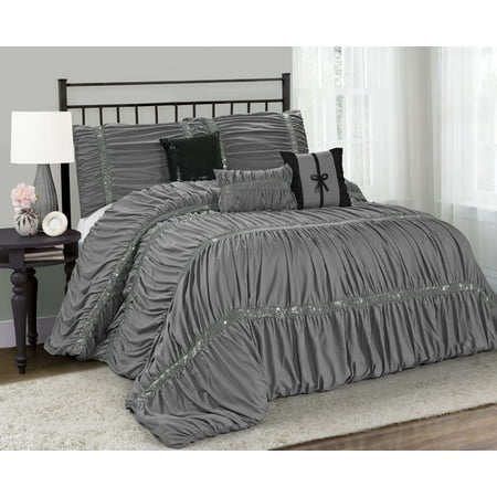 Wt 7 Piece Ruched Comforter Set With Sequins King Size Gray Color