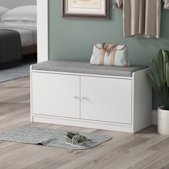 KULAGAGA Hallway Bench Shoe Cabinet Shoe Bench, White 2 Tier Storage Bench with Padded Seat Cushion