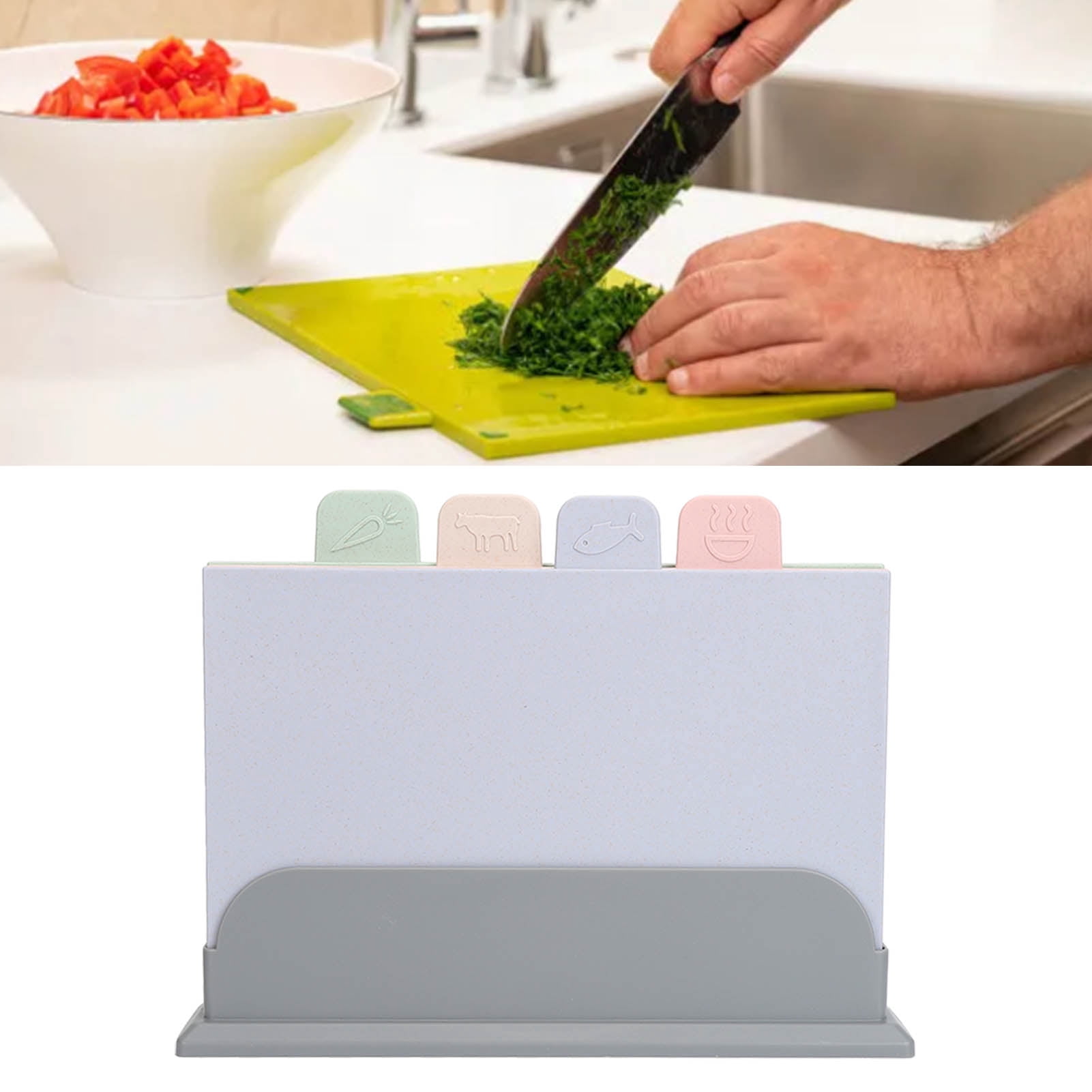 YAHHU 4-Piece Color Coded Plastic Cutting Board Set with Storage Holder Double Sided Chopping Mats Reversible Kitchen Prep Boards Multicolor 12.6 inches / 32 cm