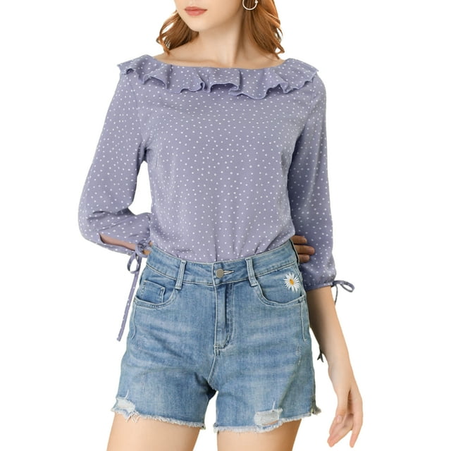 INSPIRE CHIC Women's Ruffled Neck Half Sleeve Sheer Summer Polka Dots Blouse Tops