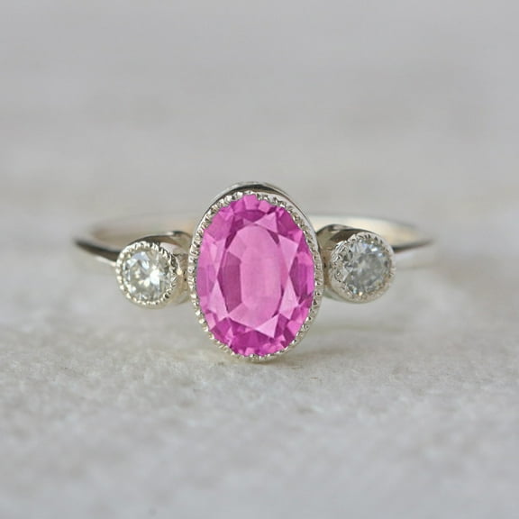 Oval Pink Sapphire & Diamond Ring, 925 Sterling Silver Engagement Ring, Bezel Set Gemstone Ring, Delicate Jewelry, Three Stone Ring.