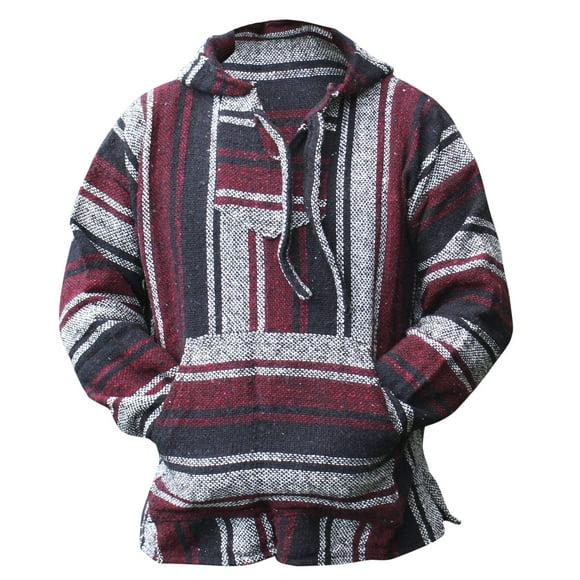 Del Mex Mexican Baja Hoodie Hippie Surf Poncho Sweater Sweatshirt Pullover Jerga (Large, Maroon/Black)