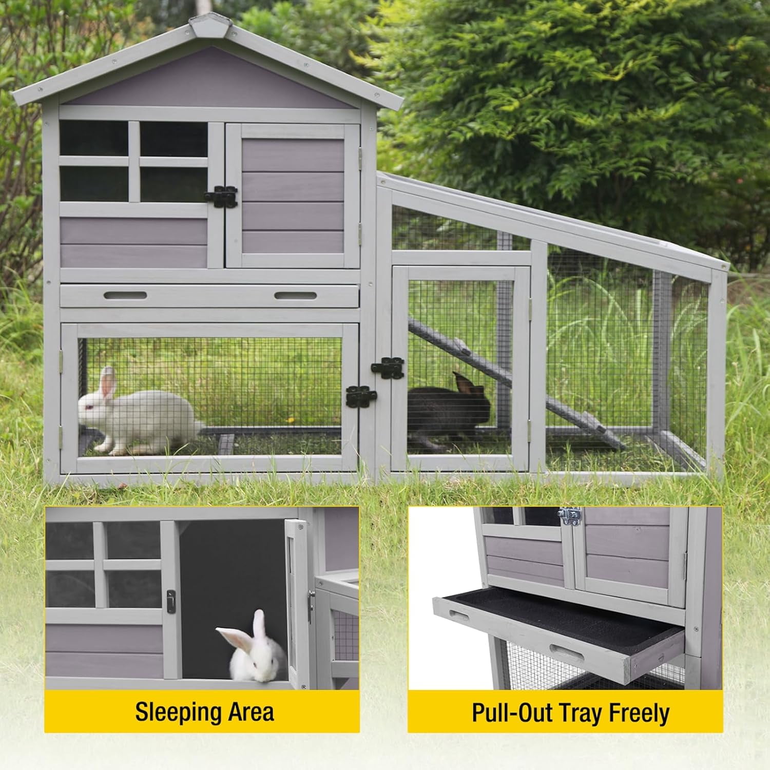 MEDEHOO Rabbit Hutch Outdoor Chickecn Coop with PVC Layer Wooden Bunny Cage Guinea Pig Houses Indoor with Pull Out Tray,Bottom Wire Netting