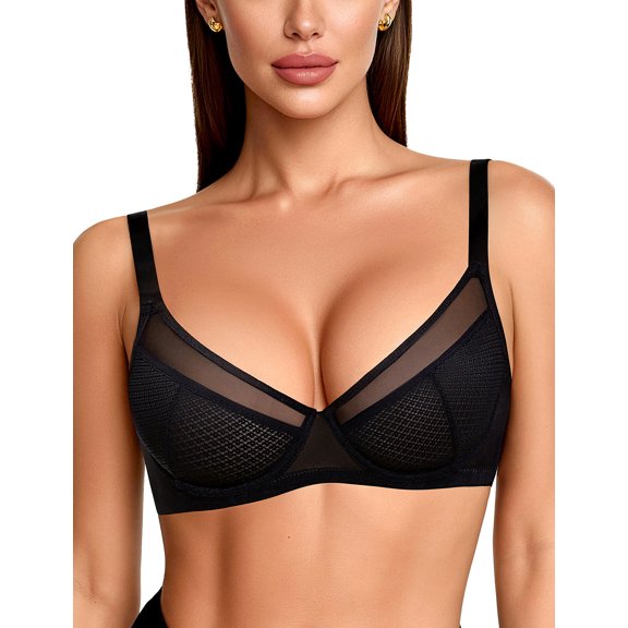 YANDW Minimizer Sheer Mesh Bras for Women Underwire Plunge Lifting Plus Size Bra, Black 42C