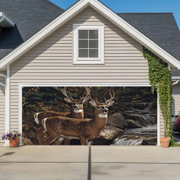 Forest Deer Garage Door Cover Banner 7 x 16 FT, Farmhouse Vintage River Elk Garage Door Curtains Backdrop with Grommets for Indoor Outdoor Wall Party Porch Yard Decorations Background