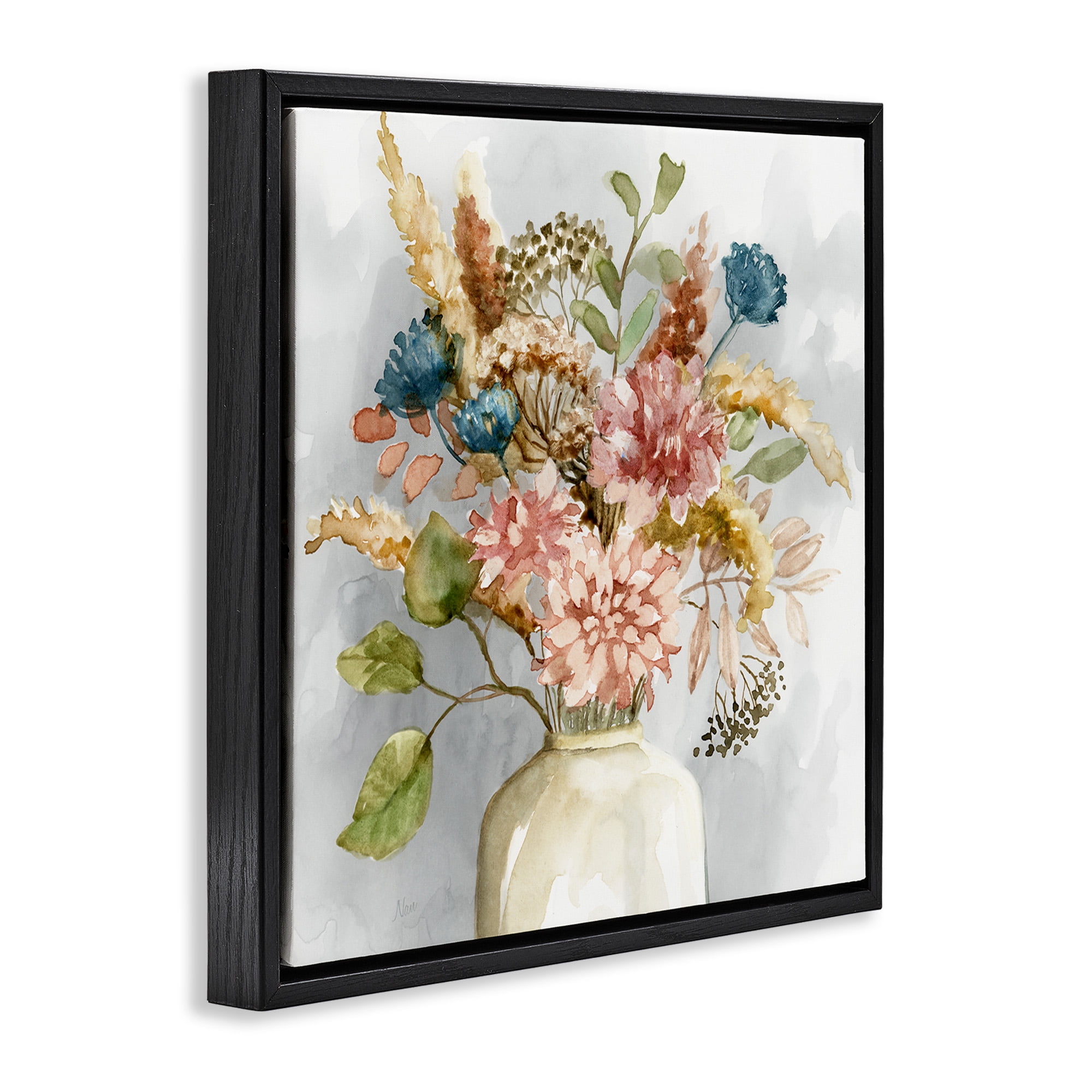 Stupell Industries Wildflower Watercolor Bouquet Botanical & Floral Painting Black Floater Framed Canvas Art Print Wall Art, 18 x 18