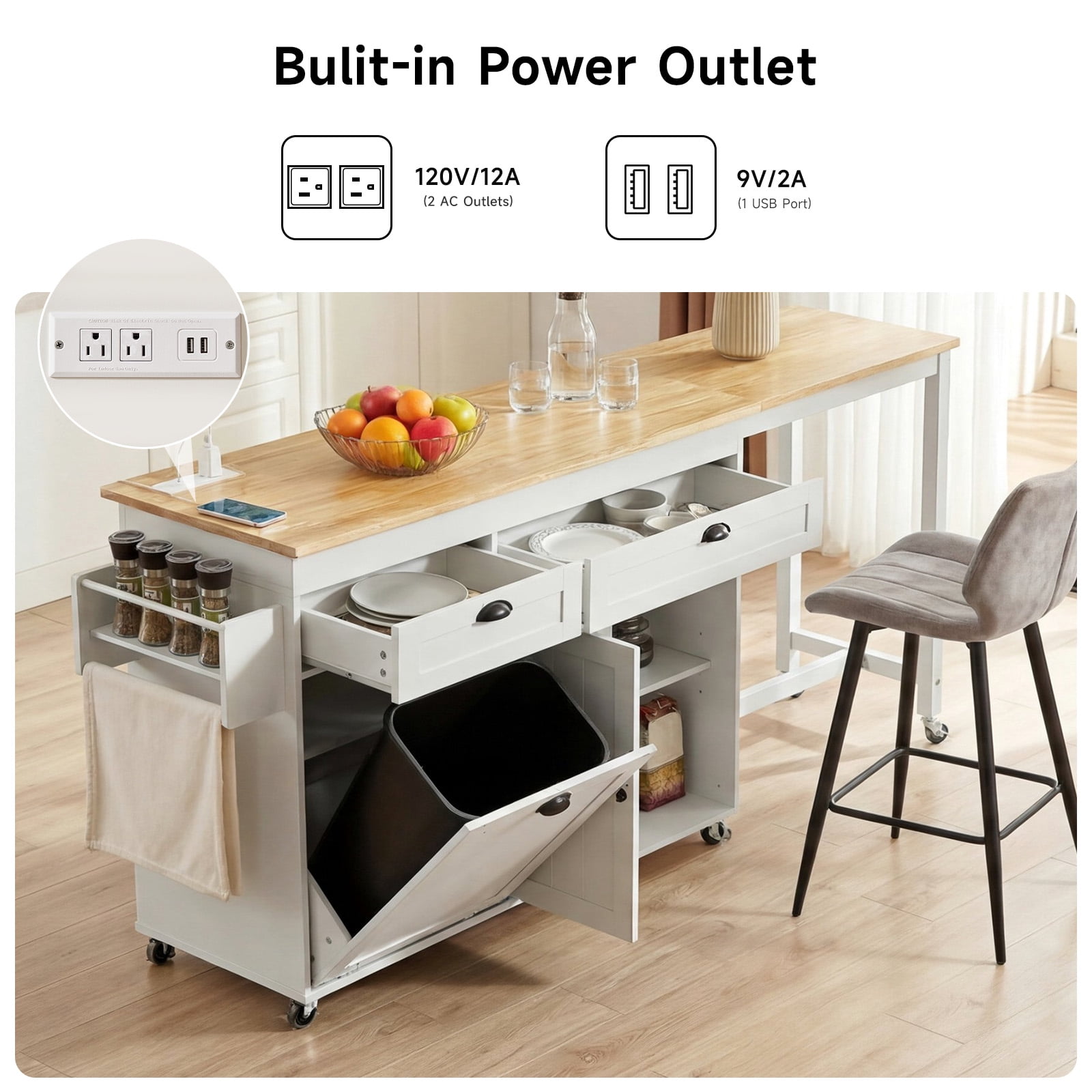 ROGALIS Rolling Kitchen Cart w/Extendable Dining Table, 81.7" Mobile Kitchen Storage Islands w/Trash Cabinet, Power Outlet, Spice Rack & Towel Rack, White