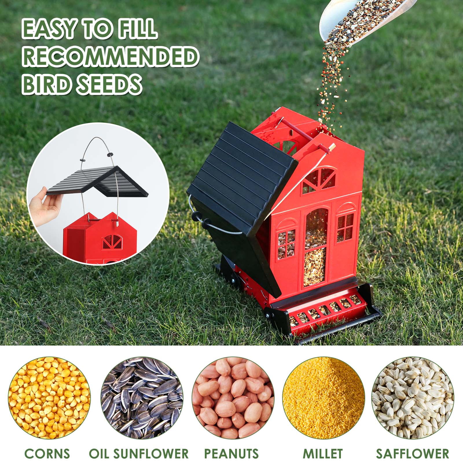Birdkiss 5lbs Squirrel-Proof Wild Bird Feeder with Bilateral Weight-Activated Perches, 14 Feeding Ports, Outdoor Bird Feeder for Garden Yard Outside, Red