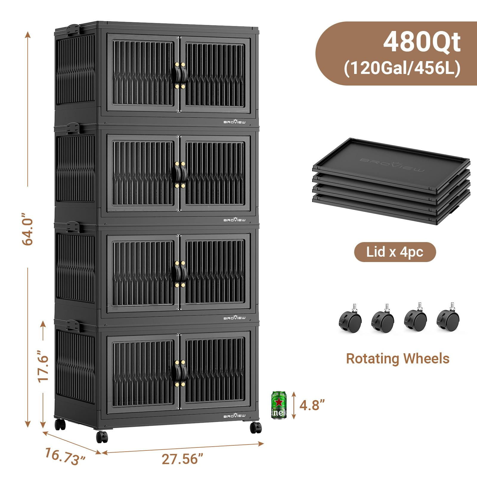BROVIEW 120Gal Large Storage Bins with Lids, 480Qt Plastic Stackable Closet Organizer and Storage, Collapsible Storage Box with Wheels, Folding Storage Cabinet Containers for Home Office, 3Pack Black