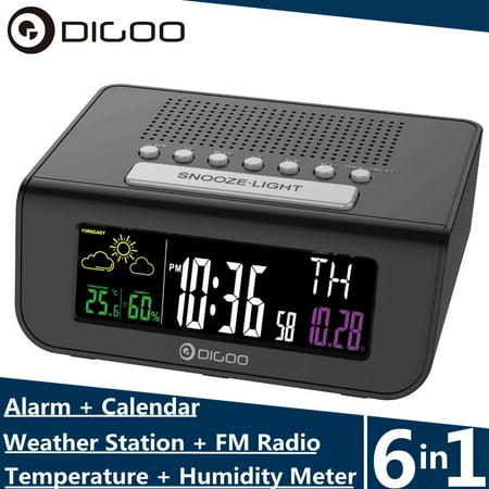 Digoo FM Radio Weather Forecast Station, Snooze Alarm Clock, Humidity Temperature Meter, Calendar with Colorful