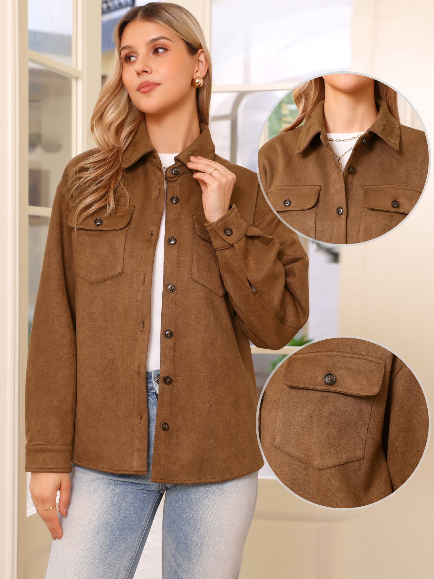DARING DIVA Faux Suede Turn-Down Collar Long Sleeve Button Down Jackets XS Brown