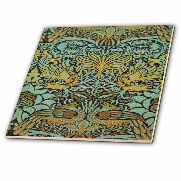 3dRose, Image of William Morris Peacock And Dragon In Gold And Aqua, 4 Inch Ceramic Tile