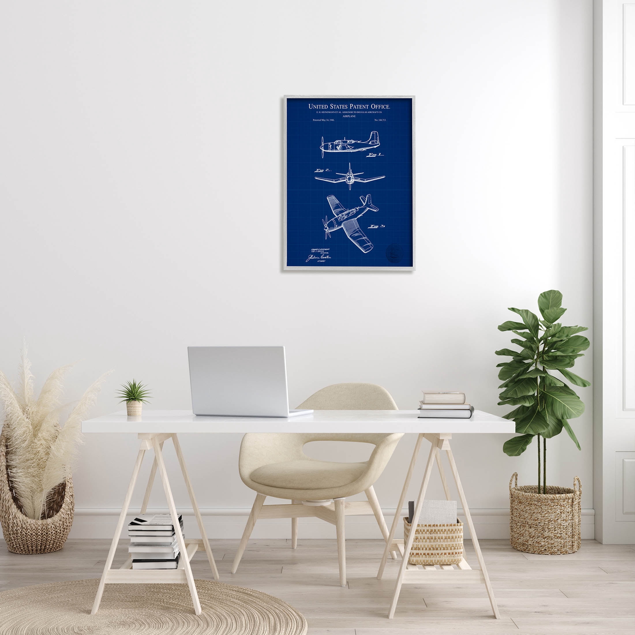 Stupell Industries Intricate Aircraft Vehicle Blueprint Graphic Art Gray Framed Art Print Wall Art, Design by Karl Hronek
