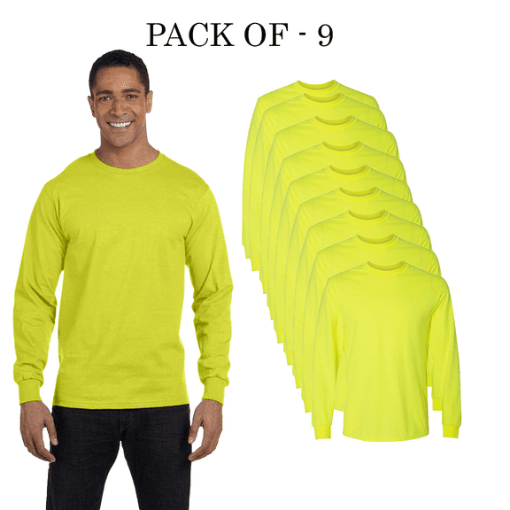 Gildan - DryBlend Safety Green High-Visibility Long Sleeve T-Shirt | Lightweight Hi-Vis Workwear Tee with Security Vest | 5.5oz, Pack of 9, Size: S