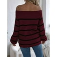 thumbnail image 5 of Off Shoulder Striped Sweater Women Fall Fashion Casual Knit Sweaters Pullover Y2k Cute Tops Wine Red L, 5 of 9