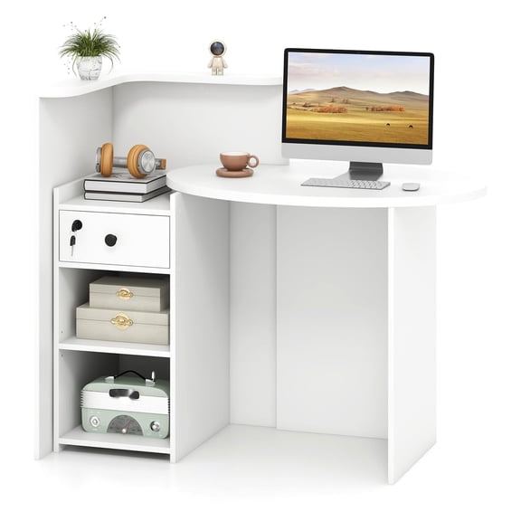Reception Desk with Lockable Drawer,Adjustable Shelf,Oval Desktop,Front Counter for Checkout,Computer Workstation for Lobby,Salon,Home Office