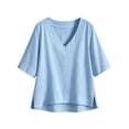 thumbnail image 7 of CYMMPU Women's Summer Linen Blend 2-Piece Outfit, V-Neck 3/4 Sleeve Top with Drawstring Pants, Casual Loungewear Set Light Blue XL, 7 of 7