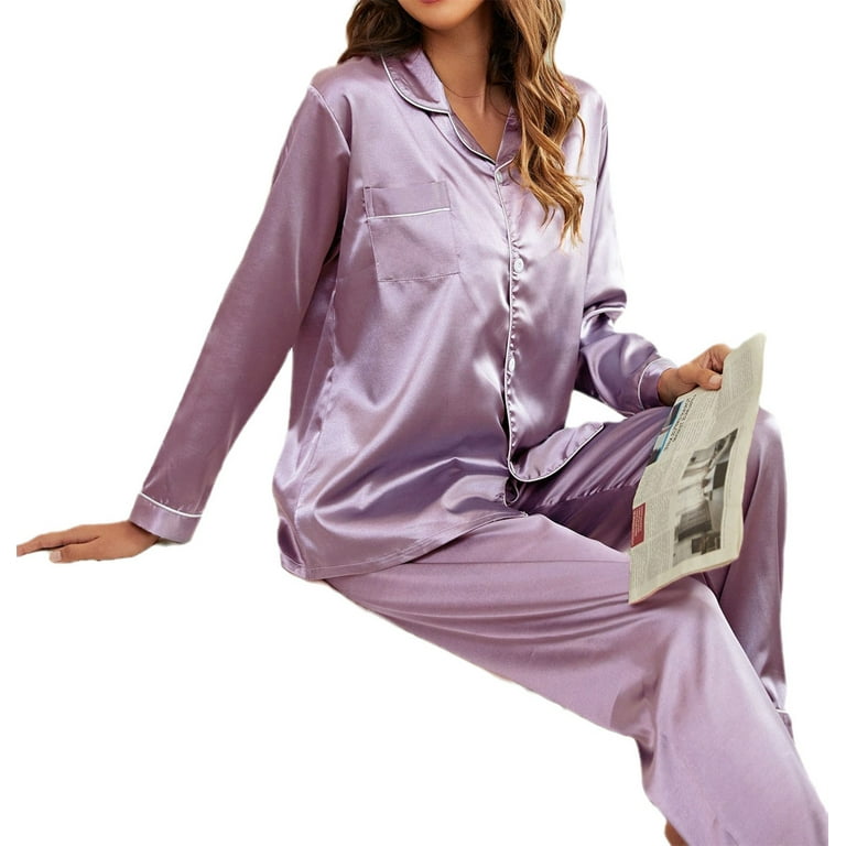 Women's Satin Pajamas Long Sleeve Sleepwear 2 Pcs Pj Set L 