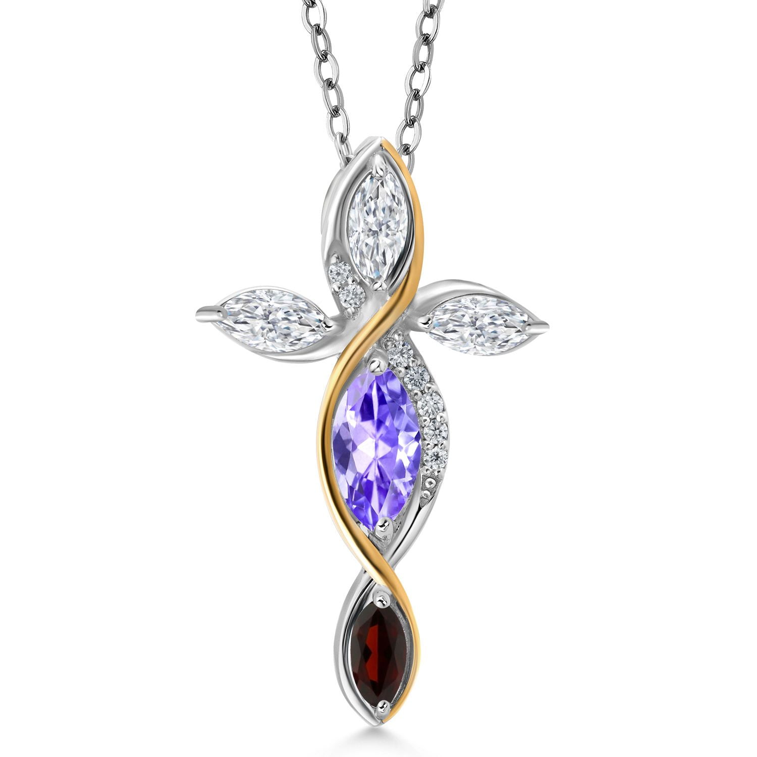 Cross Necklace for Women in 925 Silver and 10K Yellow Gold with Blue Tanzanite and White Moissanite and Garnet | 1.38 Cttw | Jesus Christian Religious Crucifix | Marquise 8X4MM | With 18 inch Chain