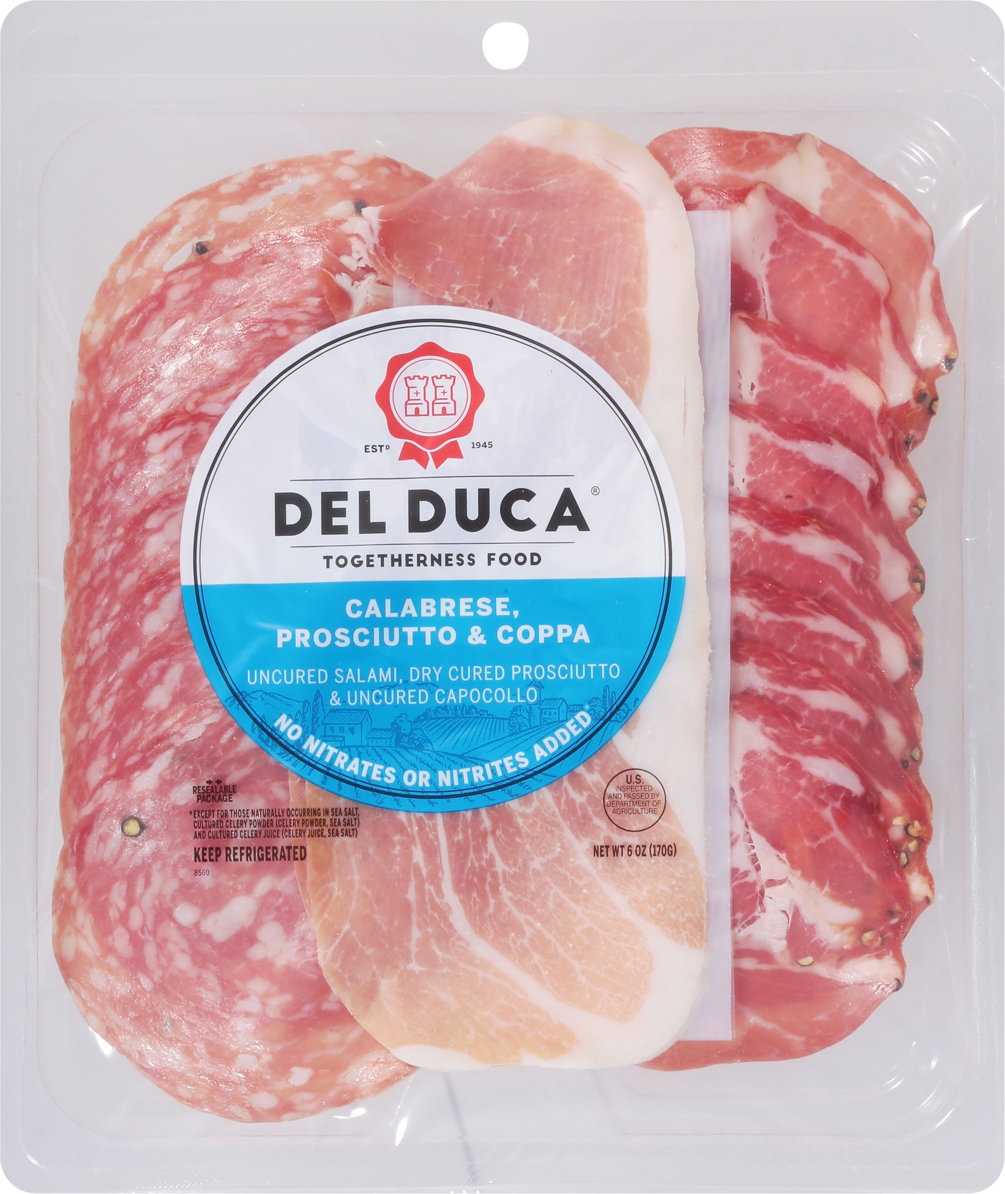 Del Duca Gourmet Deli Selection Calabrese Salami, Prosciutto, Capocollo, Sliced, 6 oz. Resealable package