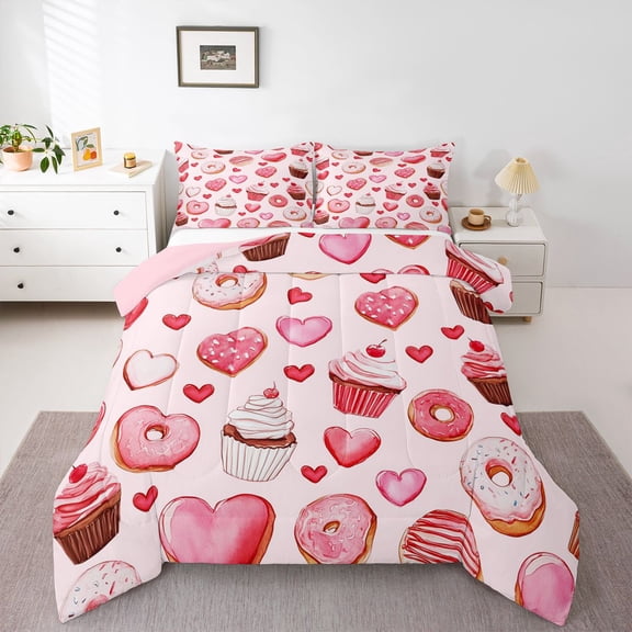 Feelyou Pink Love Heart Twin Comforter Sets, Dessert Cake Donut Bedding Set, 2pcs