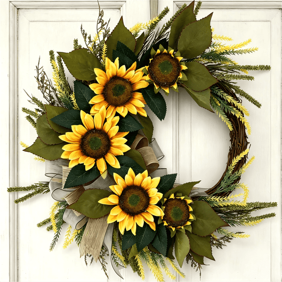 Spring Summer Wreaths 21 inches Sunflower Wreath for Front Door with Burlap Bow, Farmhouse Front Door Decor for Spring, Summer, Fall, Thanksgiving, Home, Wedding